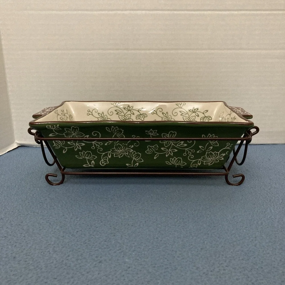Temp-tations by Tara Floral Lace Green 1.7 Qt Loaf Pan w/Drip Tray & Wire Holder